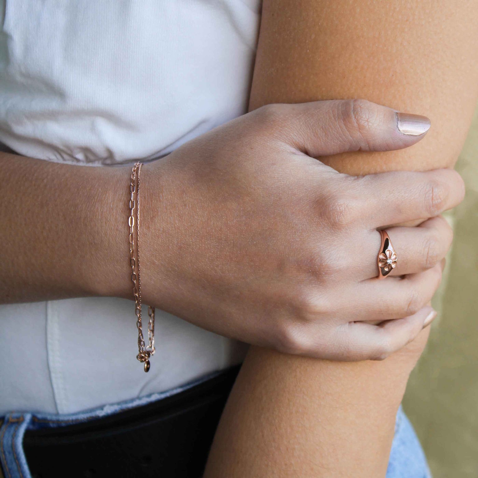 Double Chain Bracelet in Rose Gold worn with flora signet ring