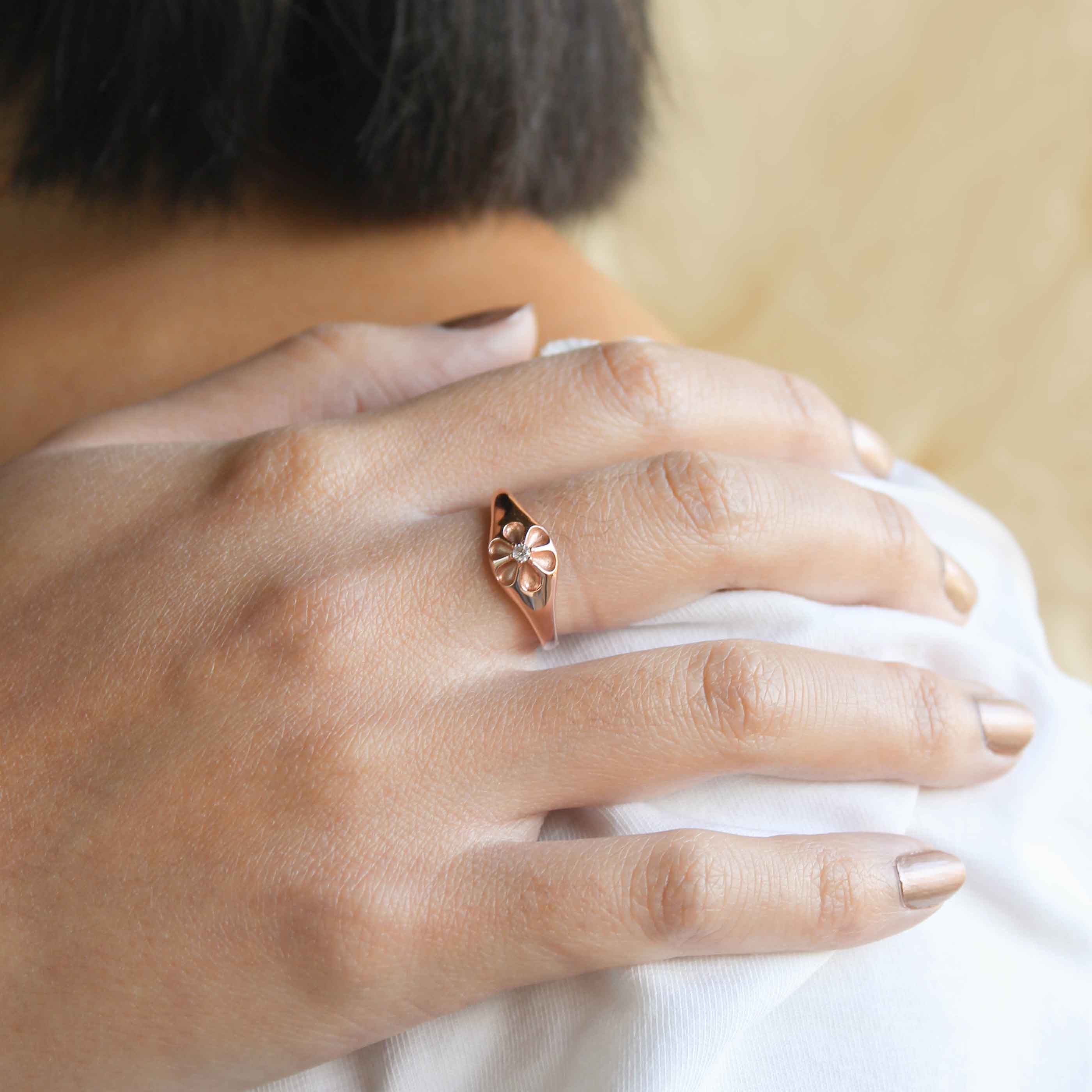 Flora Signet Ring in Rose Gold worn shot