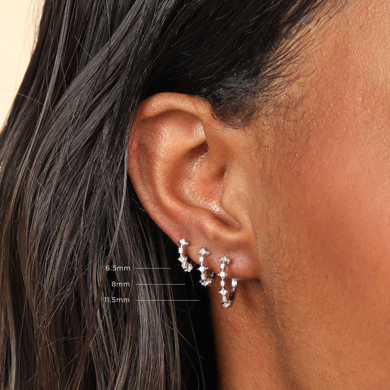 Cosmic Star 6.5mm, 8mm & 11.5mm Hoops in Silver worn
