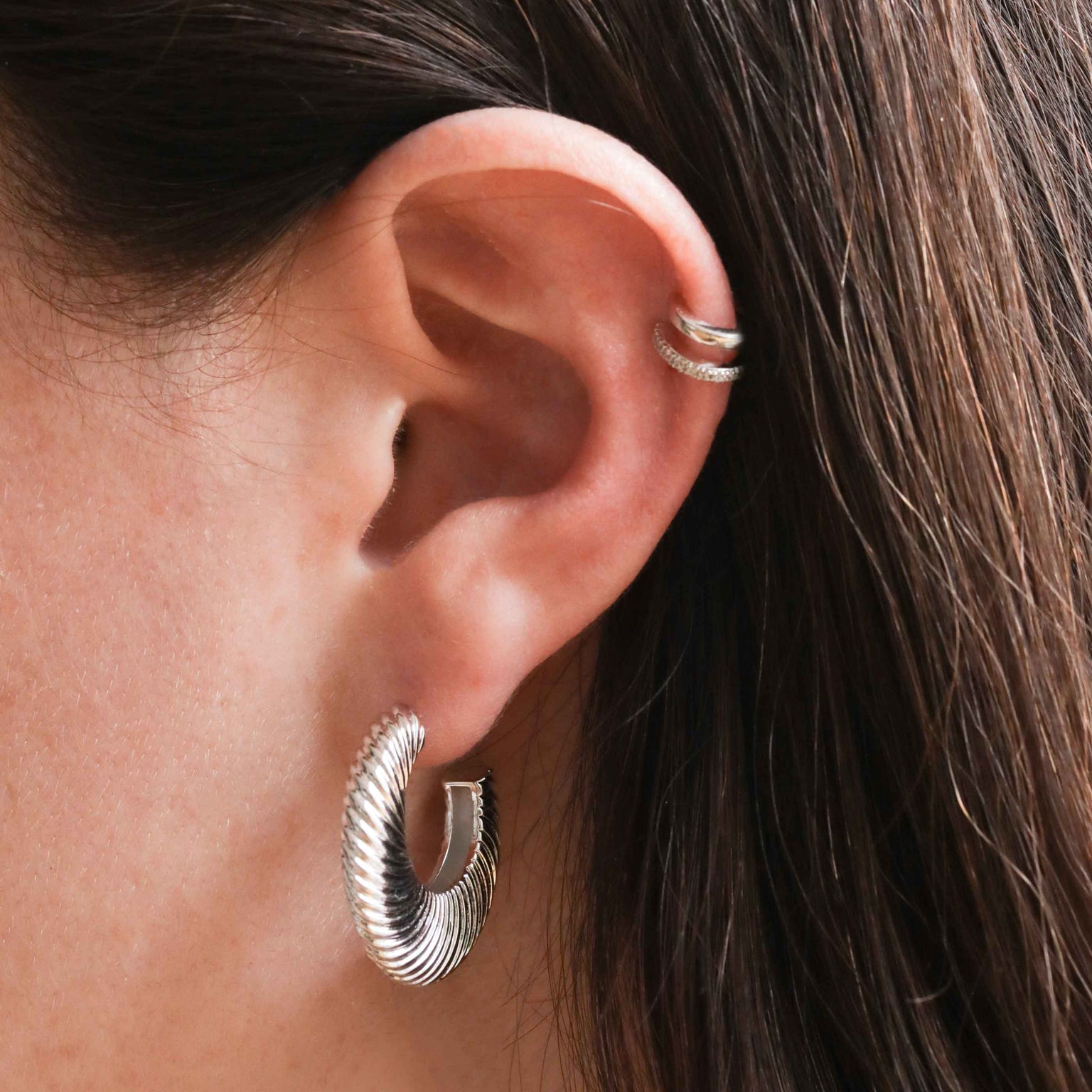 Luminous Textured Hoops in Silver