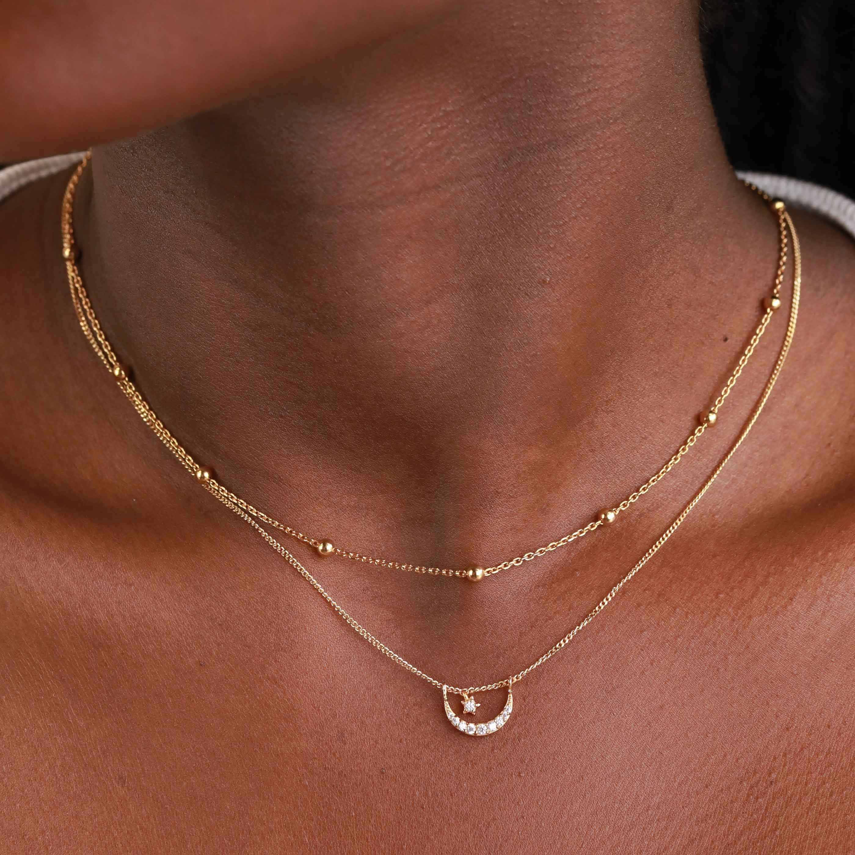 Moon Star Necklace 14K Solid online Gold Crescent Moon Necklace Women Adjustable Twisted Rope Chain Dainty Celestial Necklace