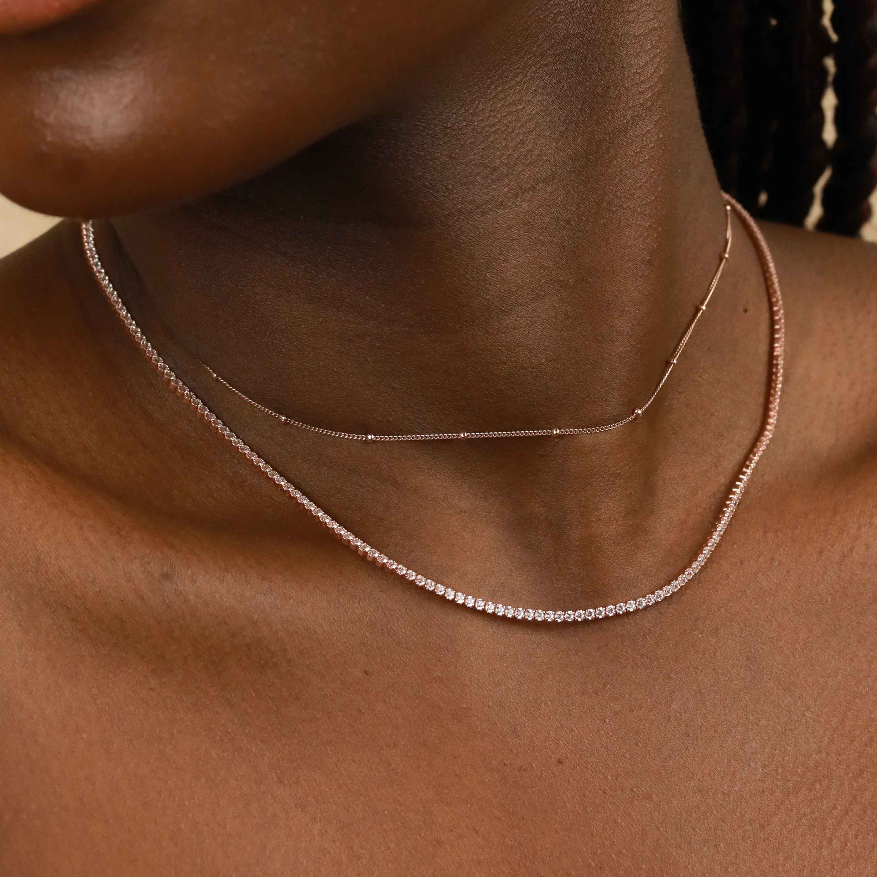 Tennis Chain Necklace in Rose Gold layered with beaded choker necklace