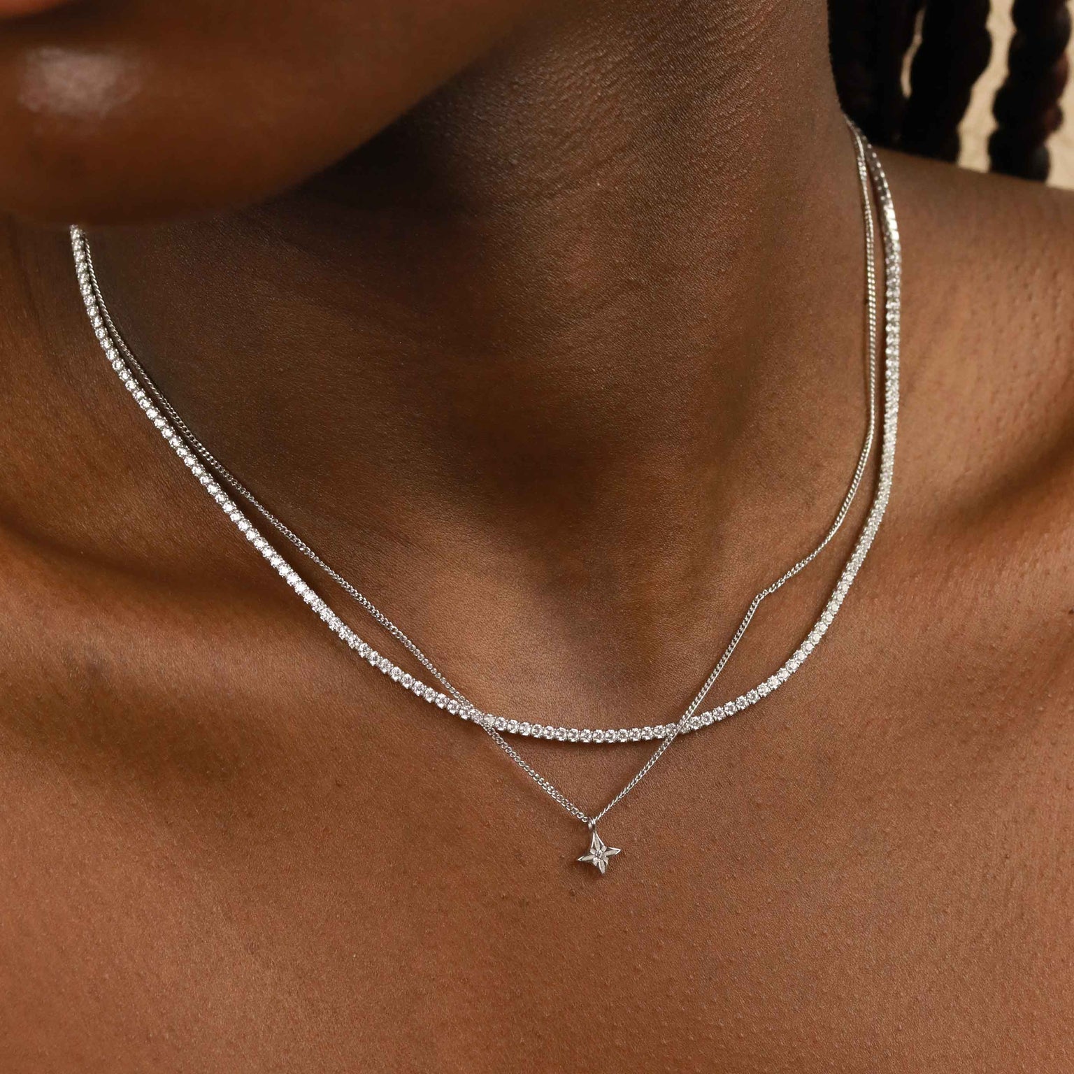 Tennis Chain Necklace in Silver worn with etched star pendant necklace