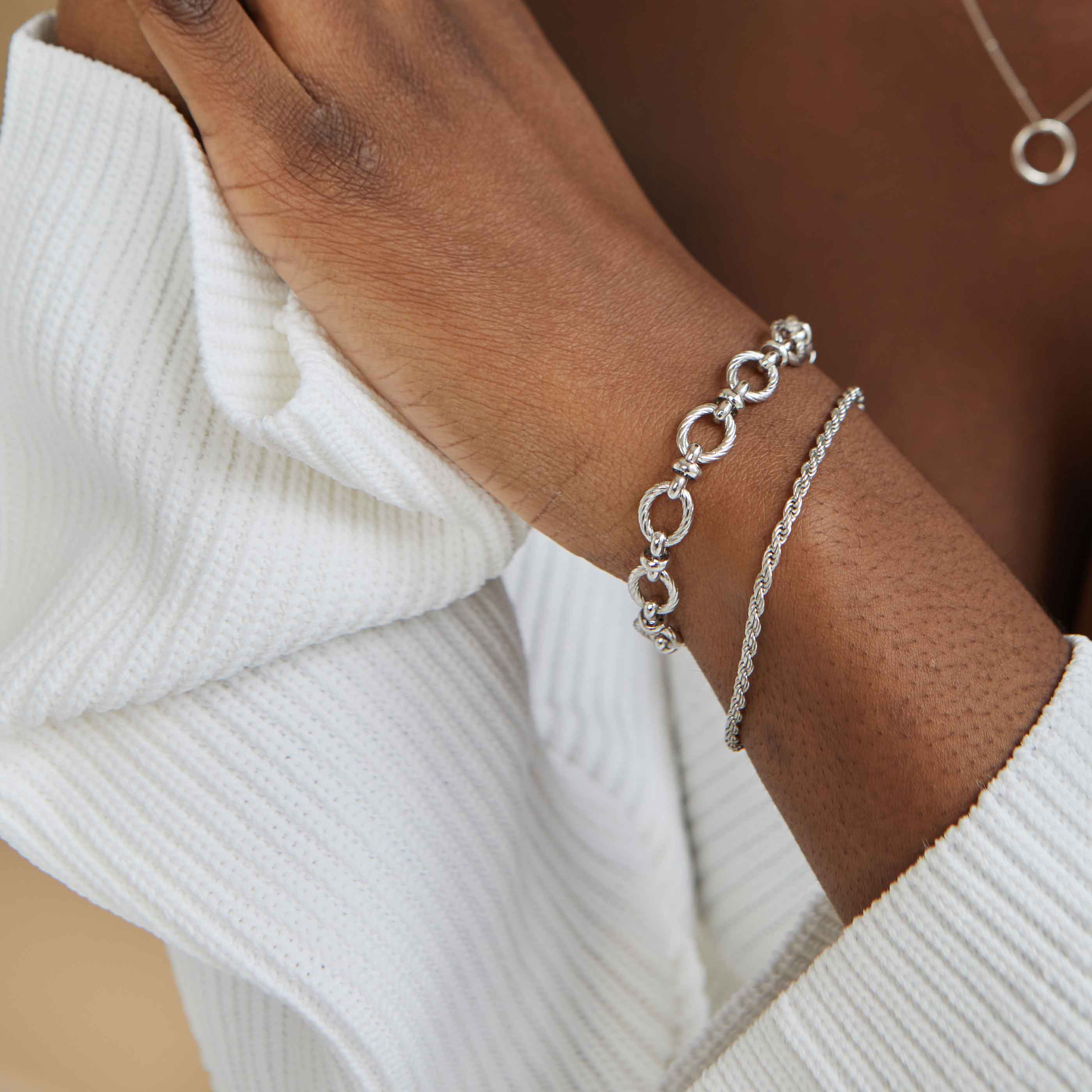 Textured Oval Link T-Bar Bracelet in Silver worn